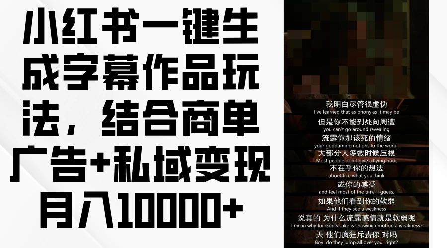 小红书一键生成字幕作品玩法，结合商单广告+私域变现月入10000+ - 火火兔电子商城