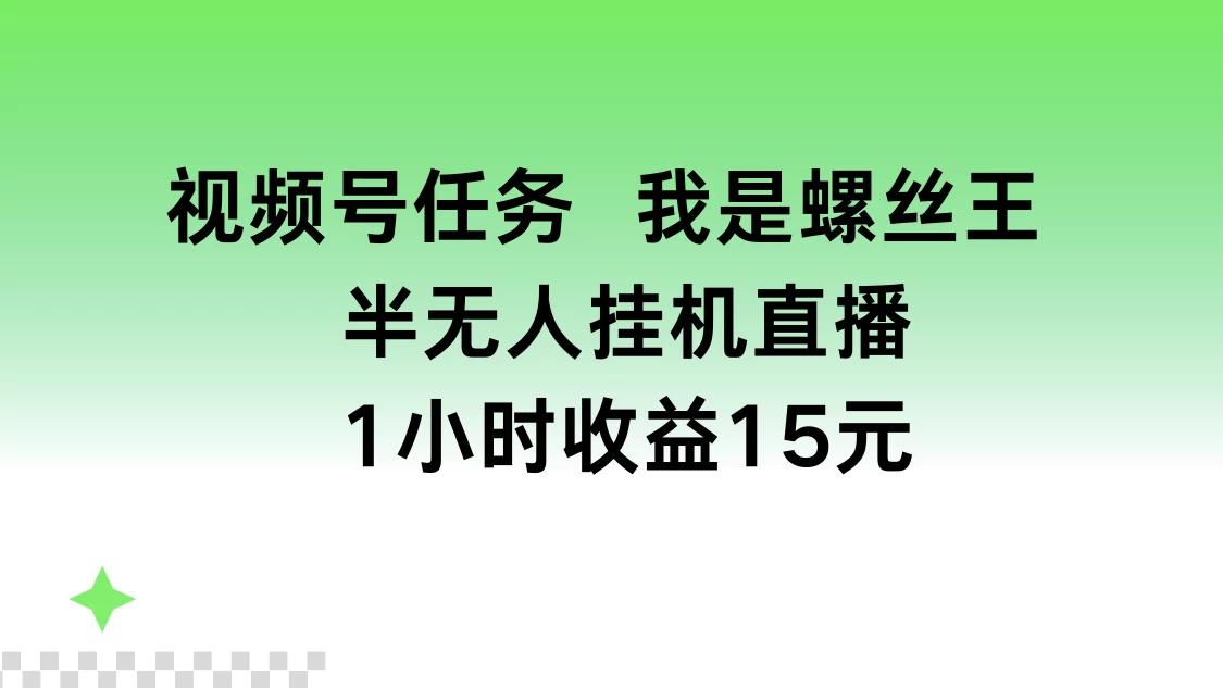 视频号任务，我是螺丝王， 半无人挂机1小时收益15元 - 火火兔电子商城