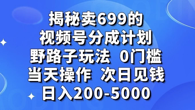 揭秘卖 699 的视频号分成计划野路子玩法，日入 200-5000，0 门槛，当天操作，次日见钱 - 火火兔电子商城