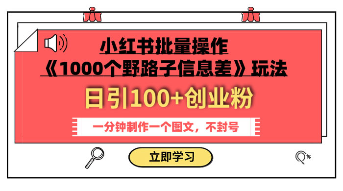 小红书批量操作《 1000 个野路子信息差》玩法，日引 100+ 创业粉，一分钟一个图文 - 火火兔电子商城