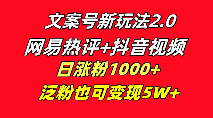 文案号新玩法，网易热评+抖音文案 一周轻松涨粉 5W+ 多种变现模式 - 火火兔电子商城