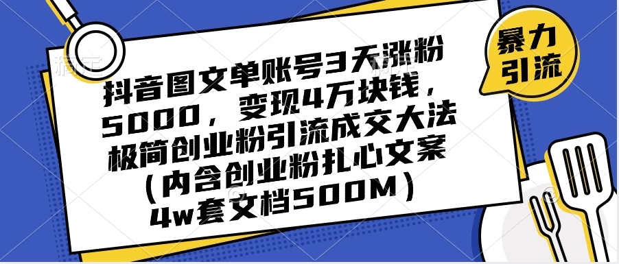 抖音图文单账号 3 天涨粉 5000，变现 4 W，极简创业粉引流成交大法（内含扎心文案） - 火火兔电子商城